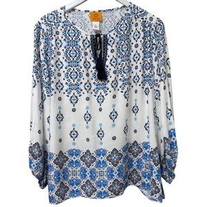 Ruby Rd. Peasant Top Size Medium Blue White Boho Long Sleeve Womens Blouse